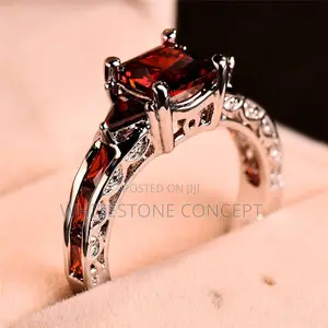 Elegant Silver Square Princess Red Stone Engagement Ring