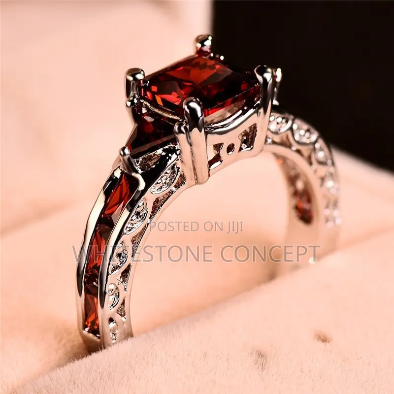 Elegant Silver Square Princess Red Stone Engagement Ring