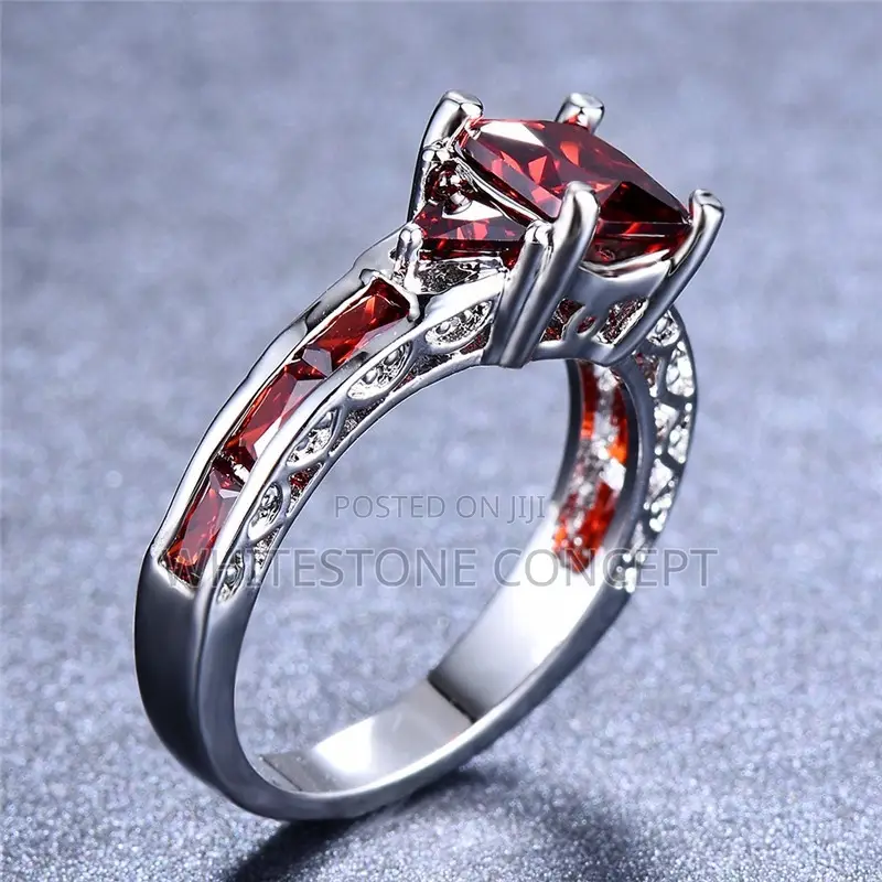Elegant Silver Square Princess Red Stone Engagement Ring
