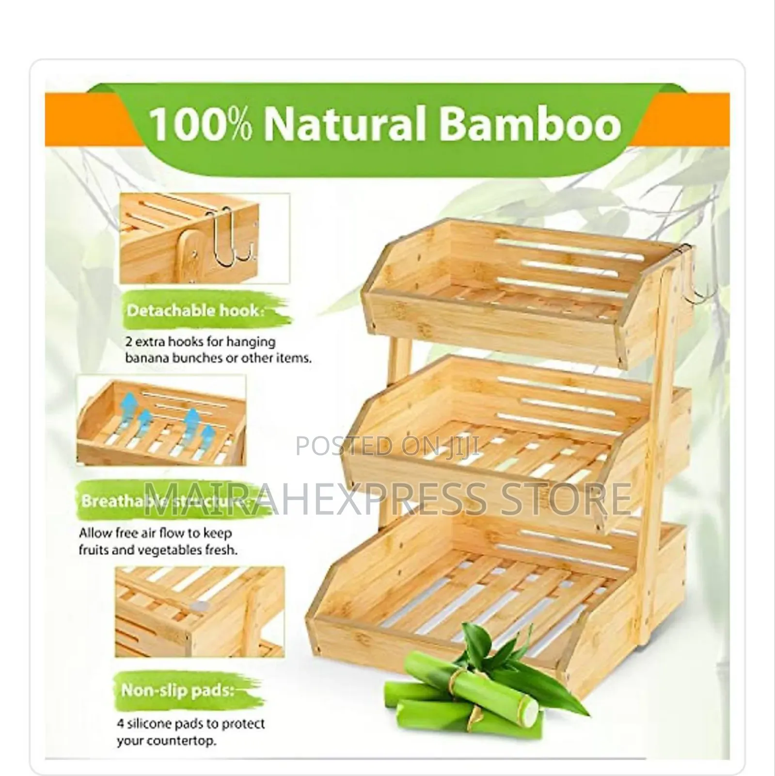 3- Tier Large Capacity Bamboo Fruit Rack
