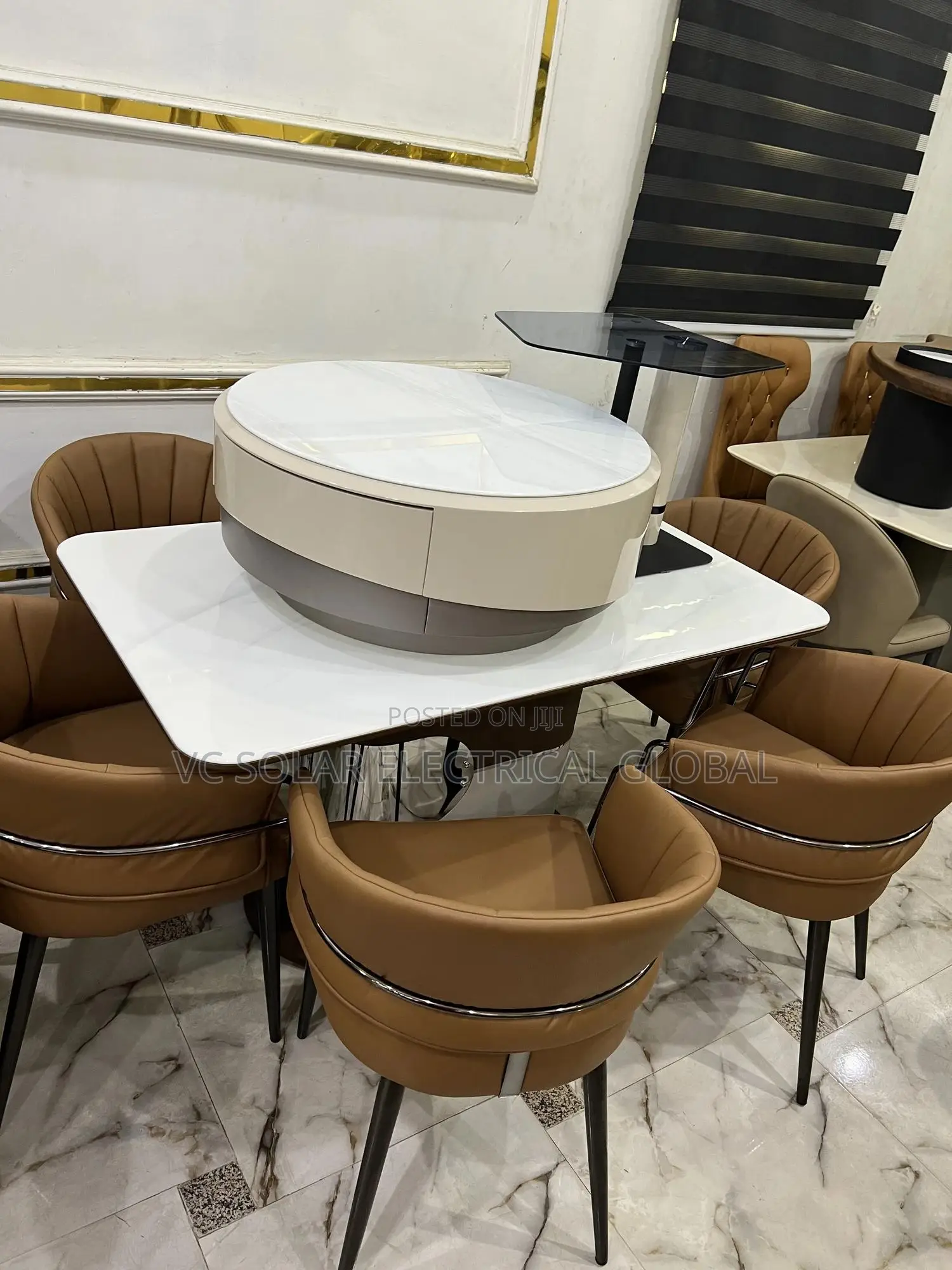 White Marble Dining Set With Brown Leather Chairs .