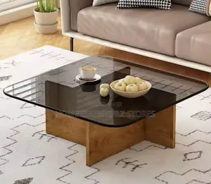 Glass Top Wooden Base Designed Center Table