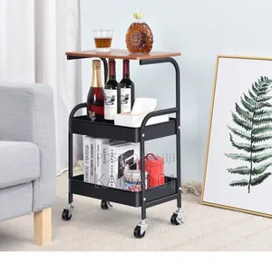 Utility Trolley With Wooden Table Top Metal Storage 3 Tier