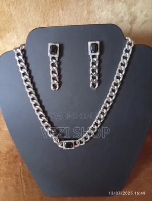 Set of 2 Trendy Silver Necklace Tassel Pendant Earrings