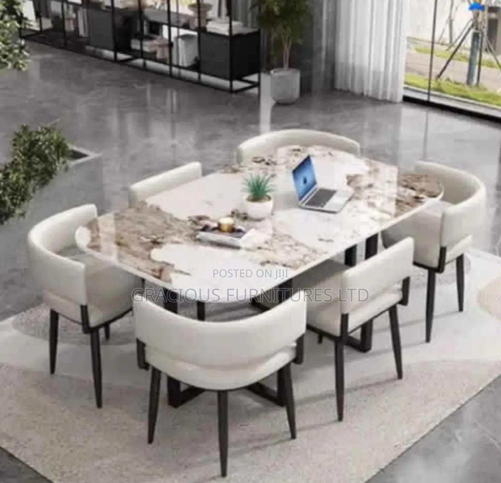 Marble-Finish Rectangular Dining Table Set With Padded Chair