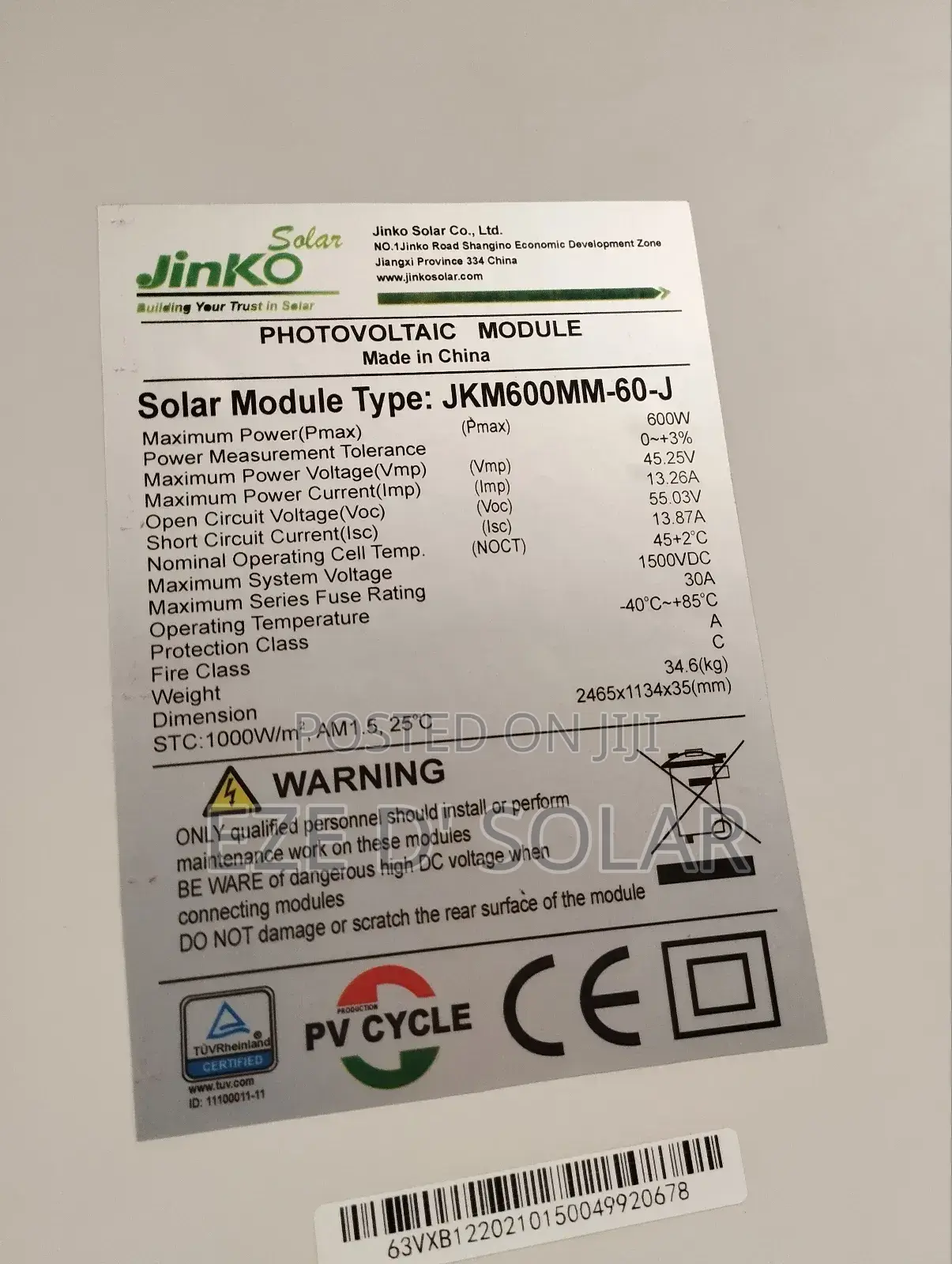 600w Jinko Solar Panel
