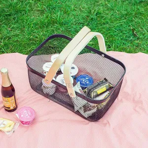 Mesh Steel Fruit Basket Bin With Wood Handle