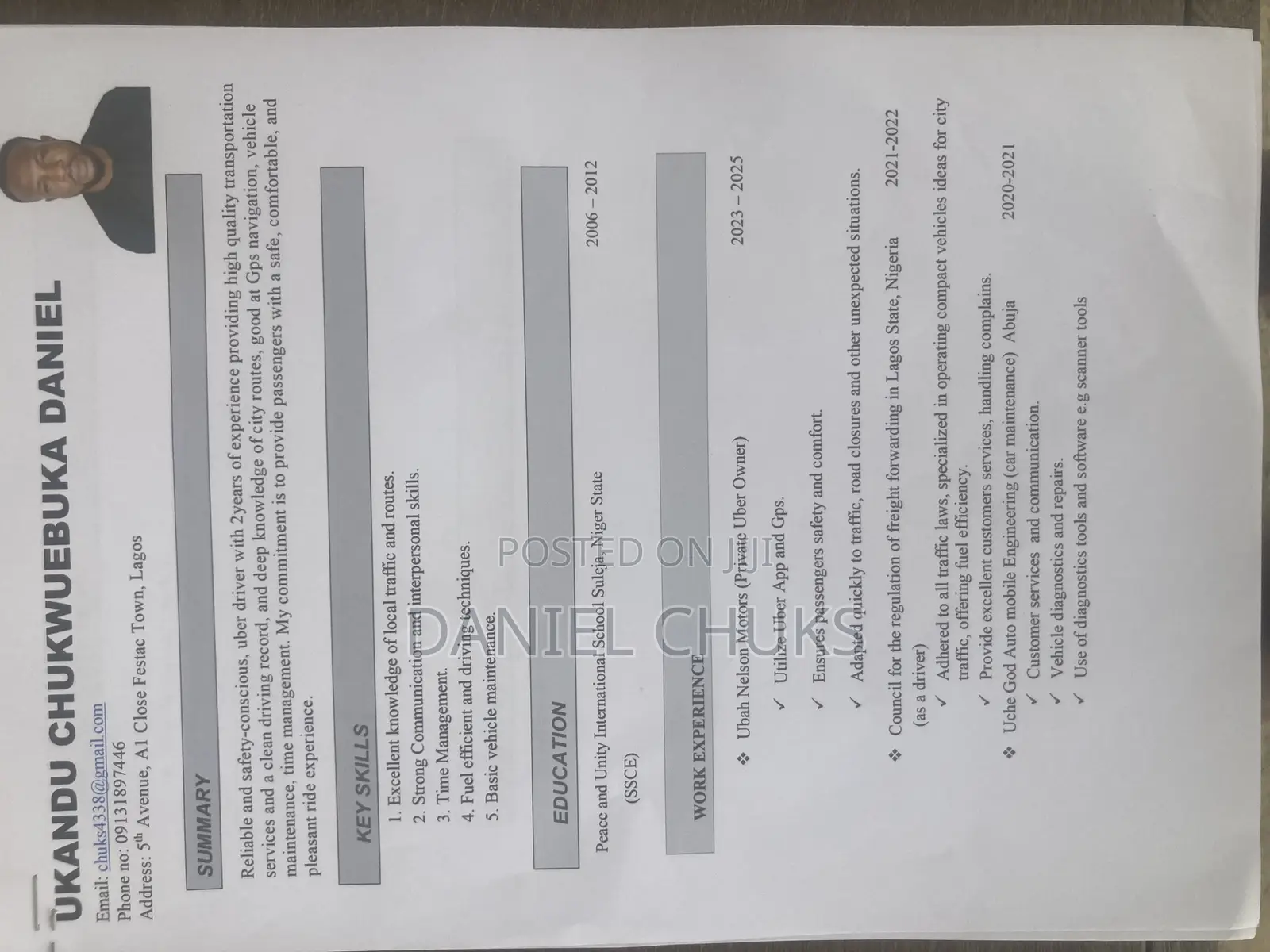 Cv for Driving Job