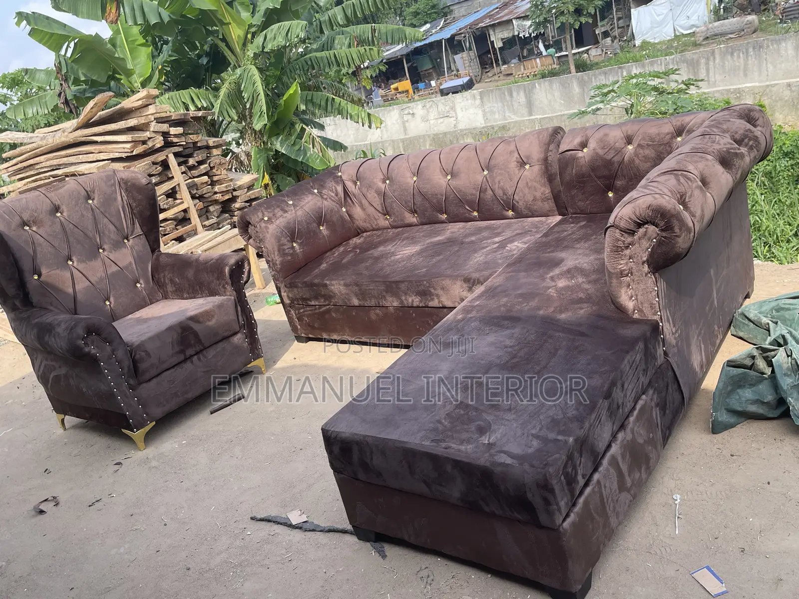 A Brown Velvet L Shape Chesterfield Couch