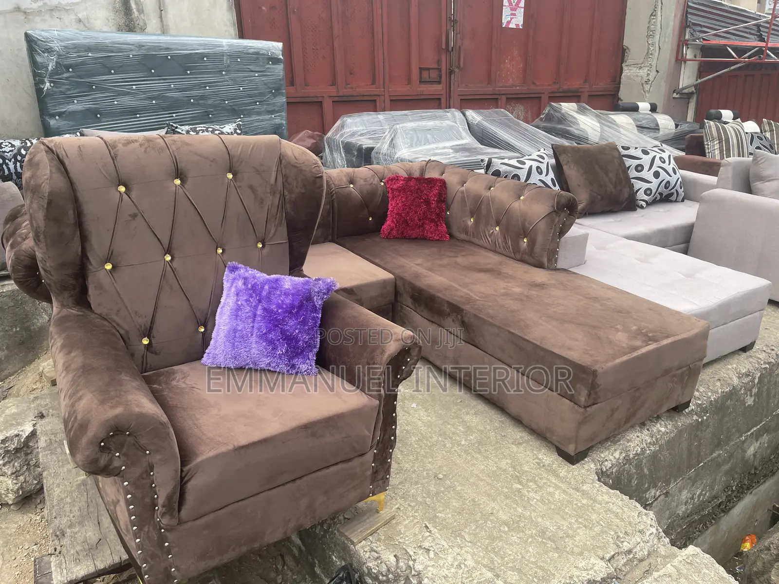 A Brown Velvet L Shape Chesterfield Couch