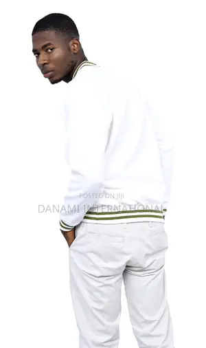 Men's v-Neck Sweatshirt- Off-White With Stripped Ribbing