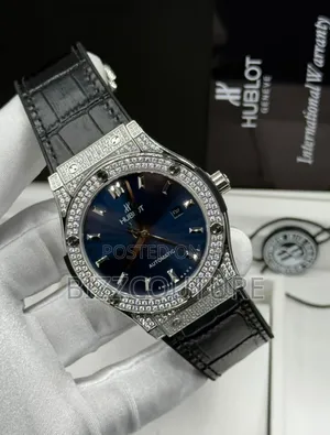 Original Hublot Iced Out Black Genuine Leather Strap Watch