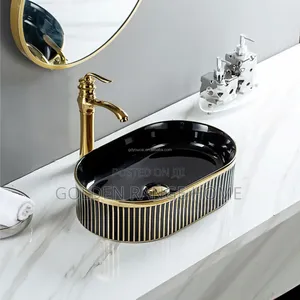 Black With Gold Line Ceramic Countertop Basin