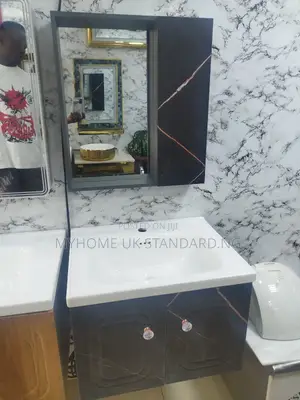 Wall Hung Cabinet With Mirror Shelve (Black With Design)