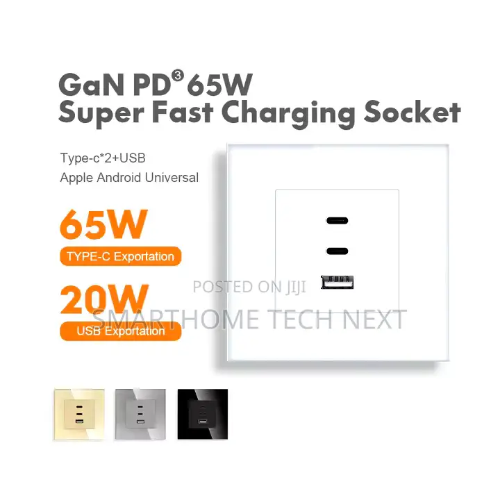 65w Super Fast Charging Usb Wall Socket – White Glass