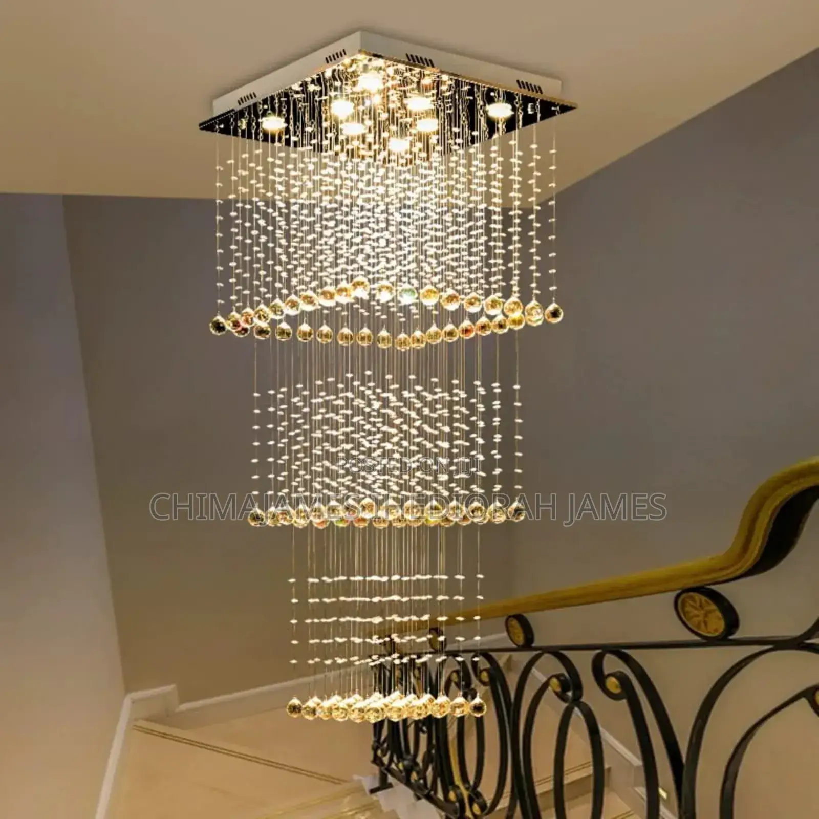 Duplex Living Room Large Chandelier Square Staircase Light