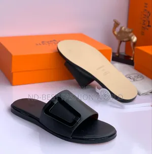 Black Leather Hermes Slippers