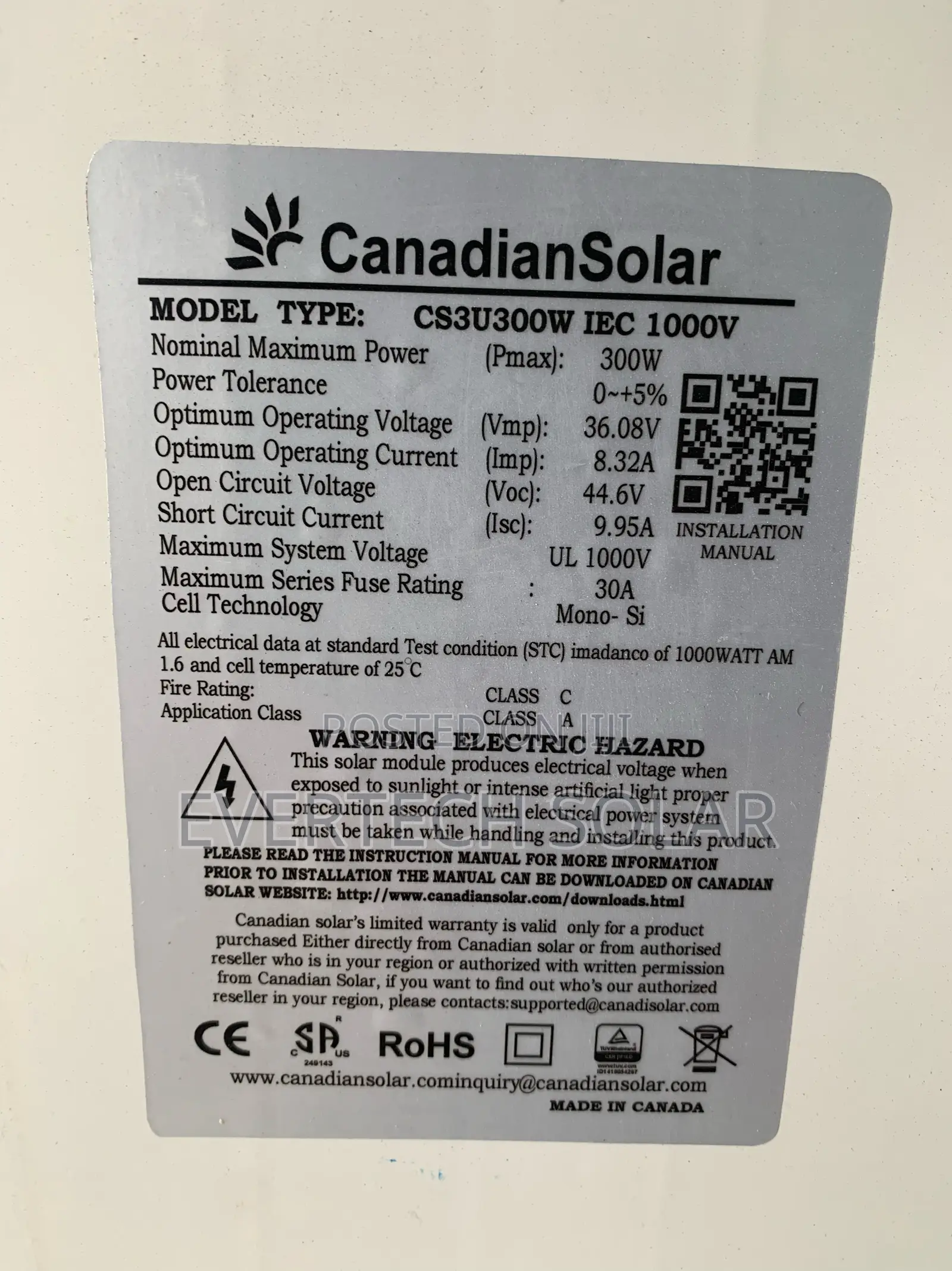 300 Watts Canadian Mono Panel With Quality Performance