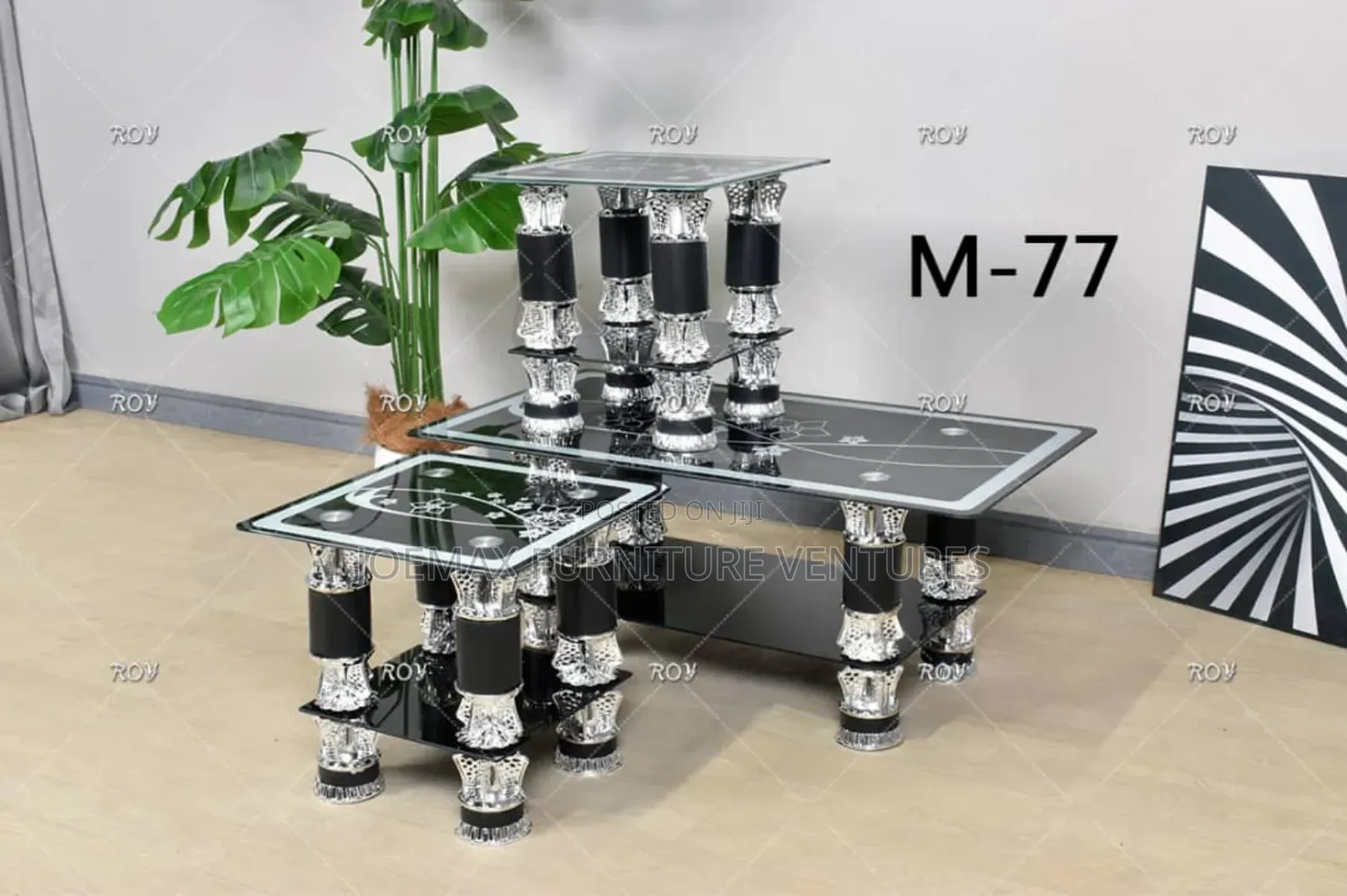 Glass Center Table Set With Two Stools