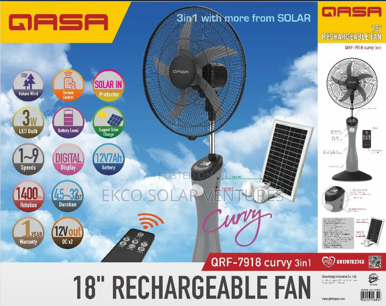 Qasa 18”Rechargeable Fan With Solar Panel