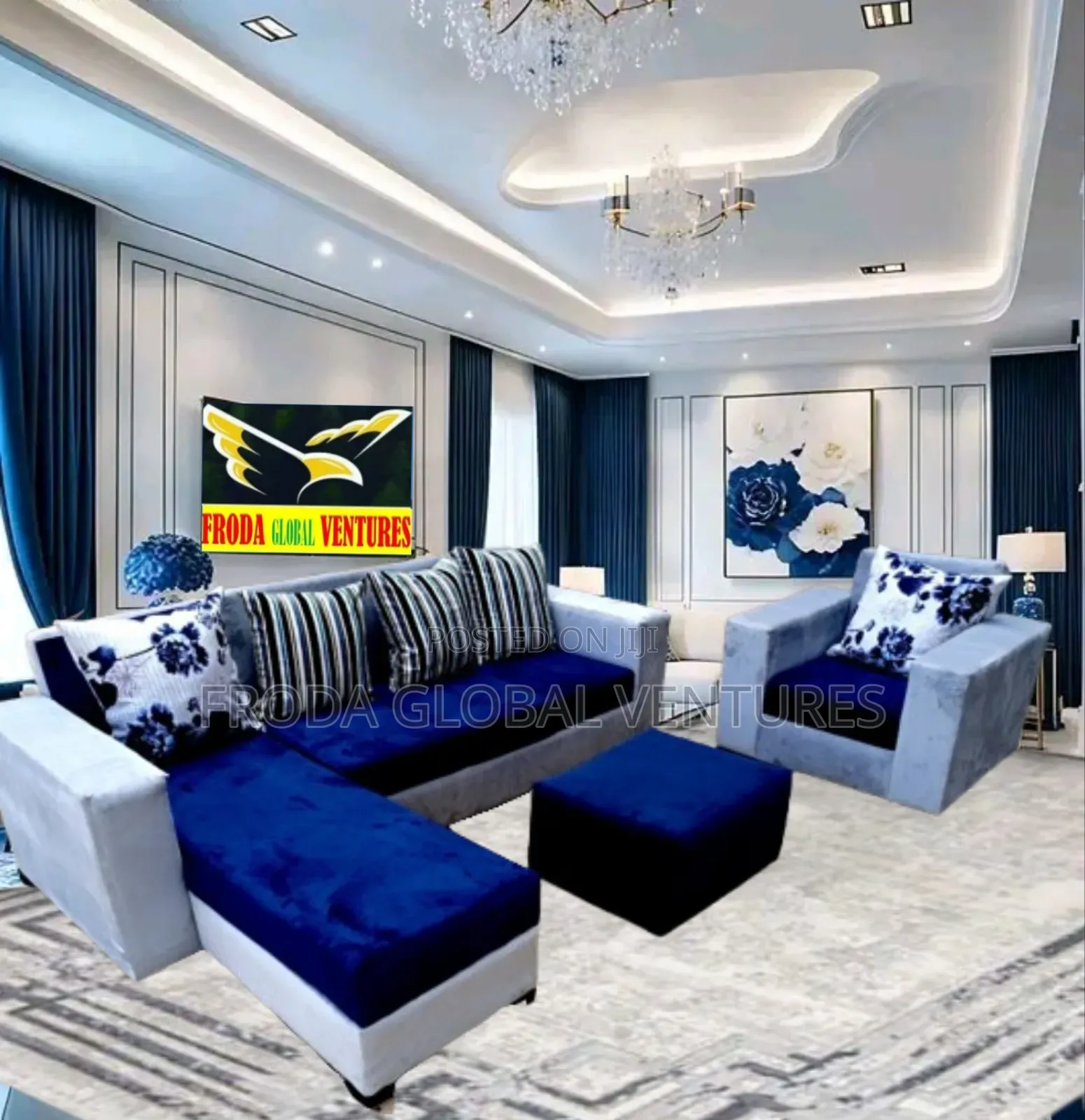 L-Shape Sofa and Single Chair With Puffy Table. Abj1