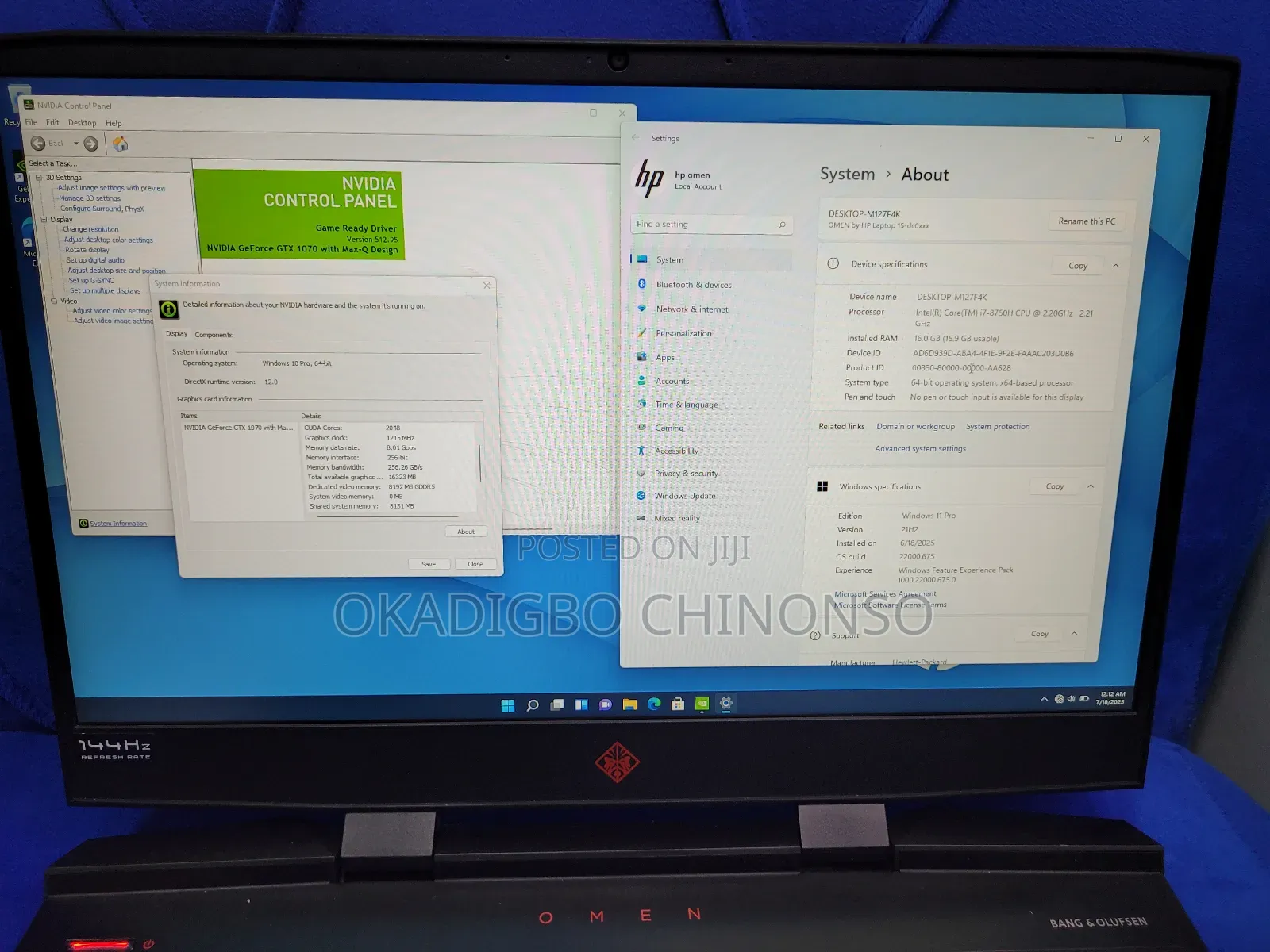 Laptop HP Omen 15-dh002nr 16GB Intel Core i7 SSD 512GB