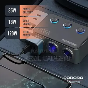 Porodo 120w Car Charger Hub Triple-port Lighter Socket -grey