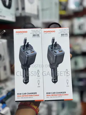 Porodo 65w Car Charger Dual Retractable Cable - Black