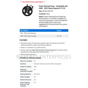 Power Steering Pump 2008 - 2022 Toyota Sequoia 5.7l V8