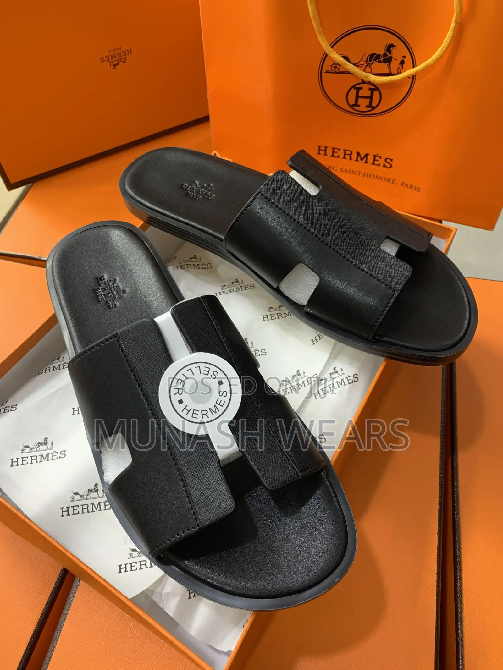 Hermes Leather Slipers 40-46 Black and Brown