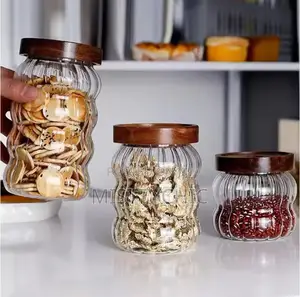 Wood Lid Striped Glass Storage Bottles