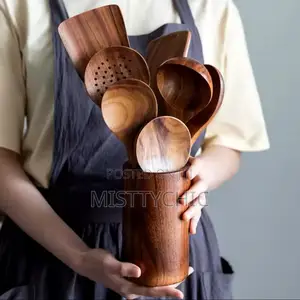 6 Piece Wood Bucket Storage Cooking Spoon Mixing Spoon