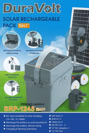 Duravolt 5-in-1+ Solar Rechargeable Pack With 12” Table Fan