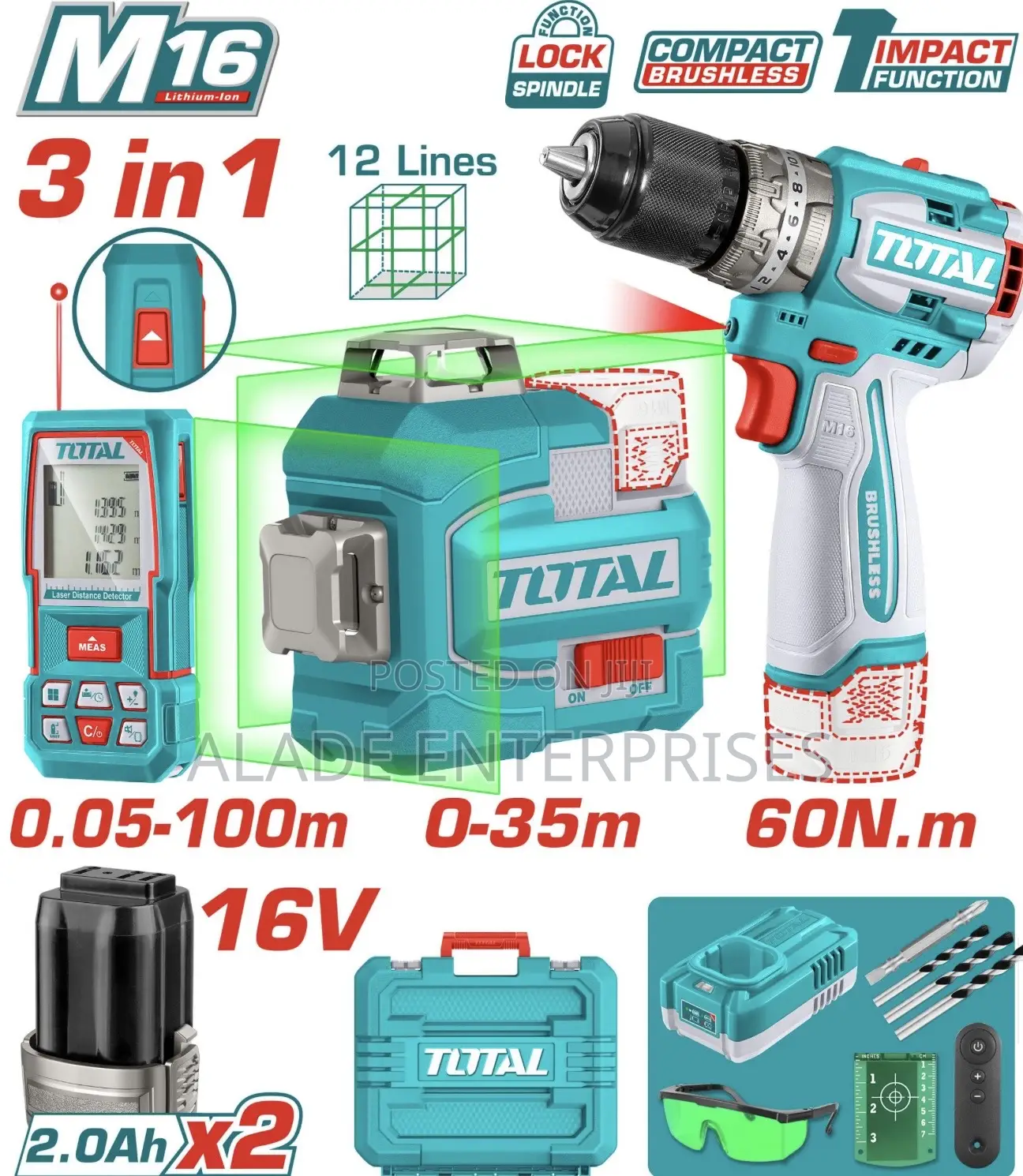 Total 3pcs Combo Kit Set 16line Laser,100m Tape,Impact Drill 3pcscombo