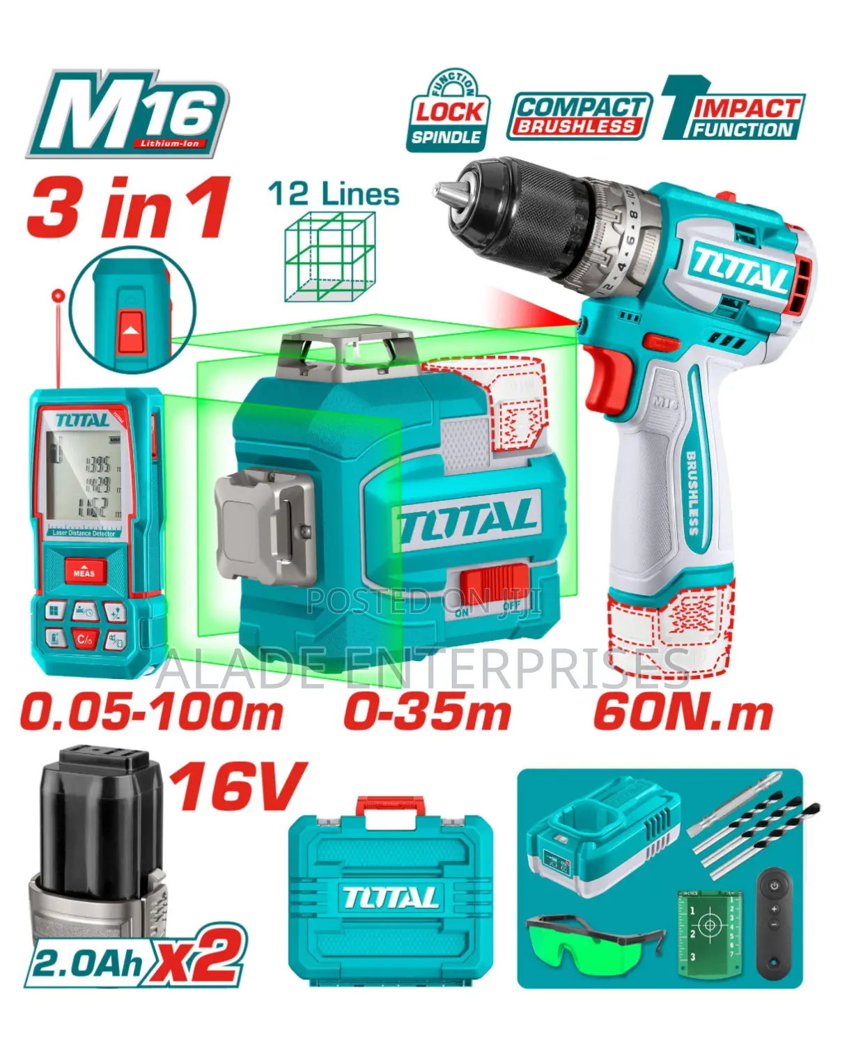 Total 3pcs Combo Kit Set 16line Laser,100m Tape,Impact Drill 3pcscombo