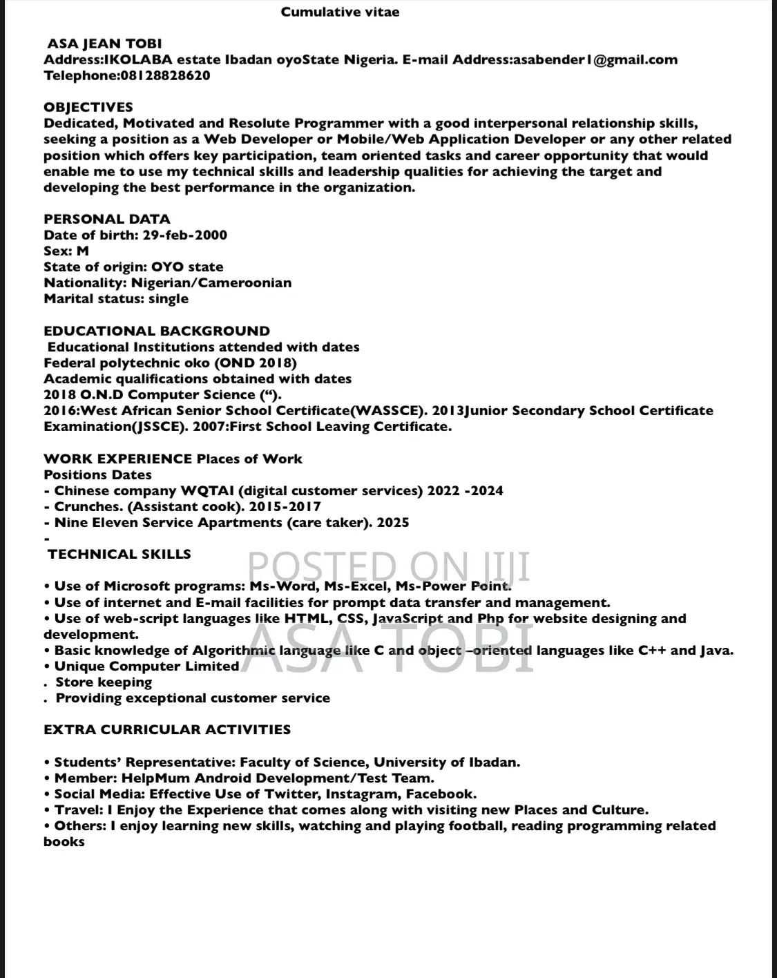 Clerical Administrative CV