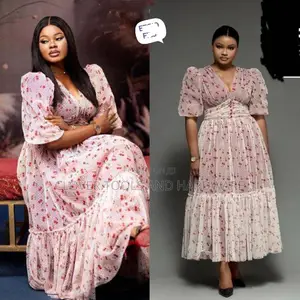 Women Floral Long Dress Smocked Puff Sleeve