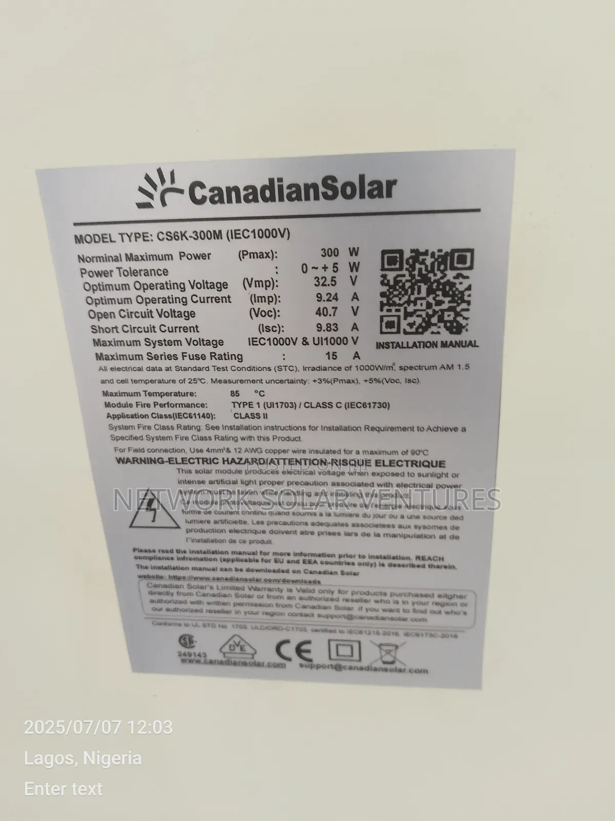 300watts 32.5v Canadian Solar Panel