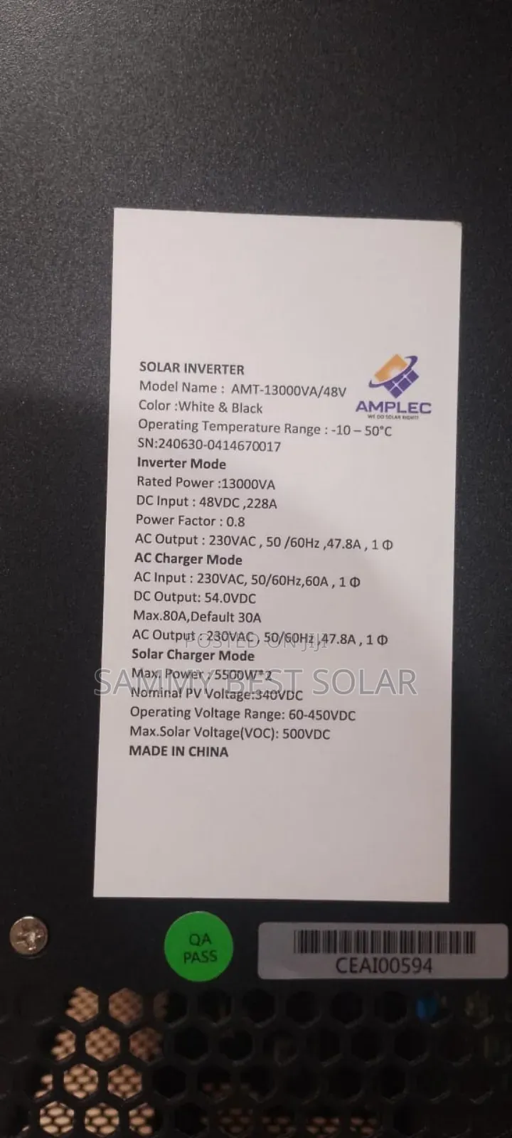 13kva /48volts Amplec Hybrid Solar Inverter