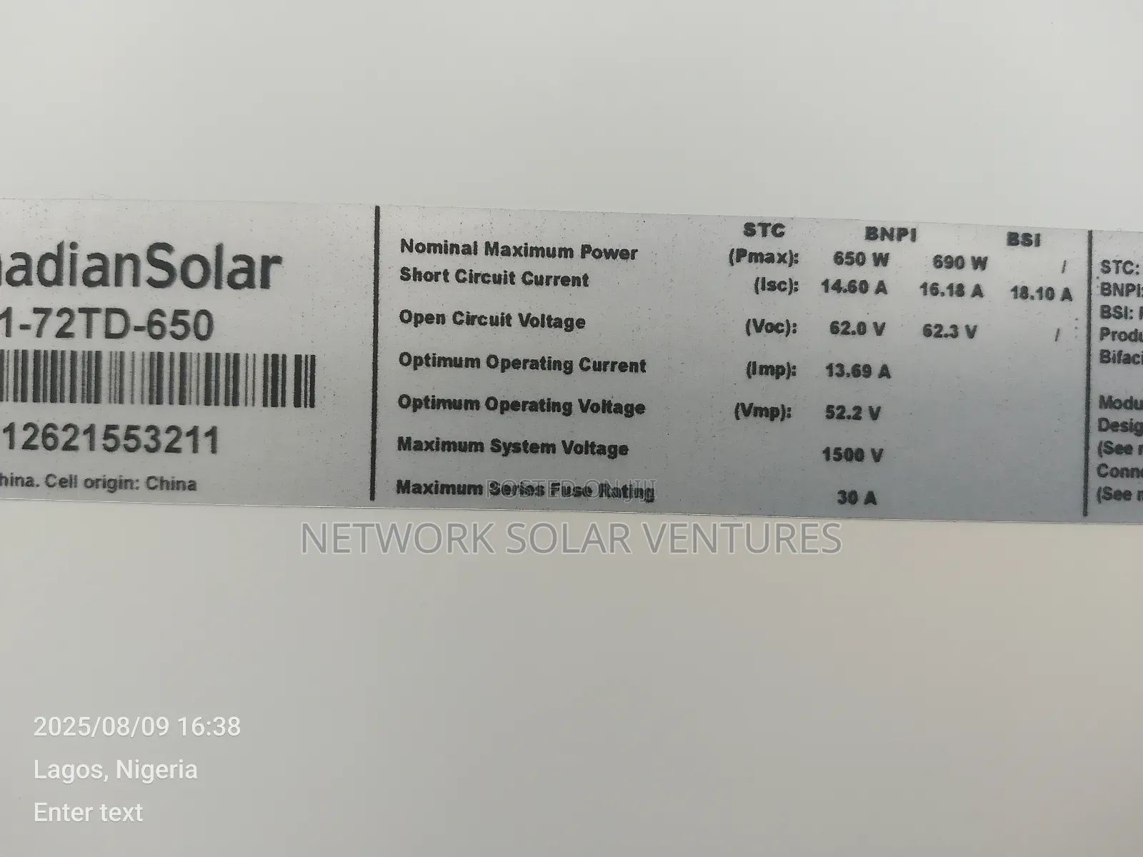 650watts 62.0v Canadian Solar Panel