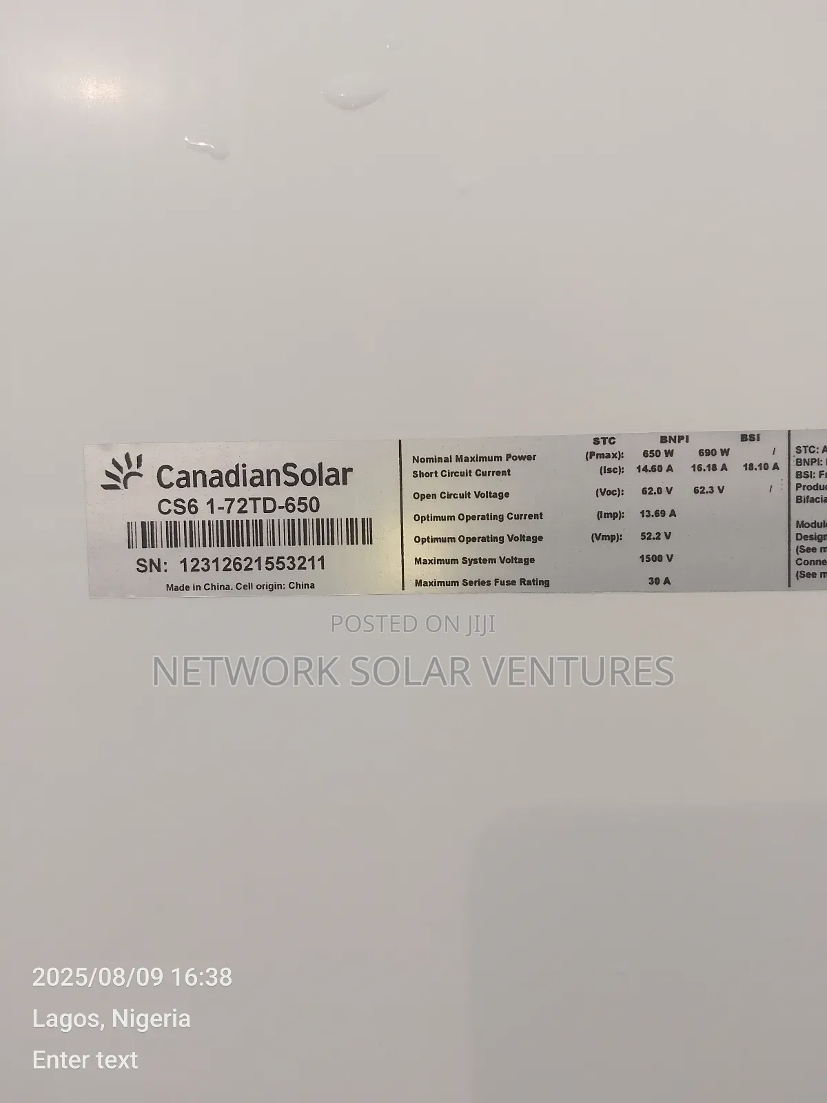 650watts 62.0v Canadian Solar Panel