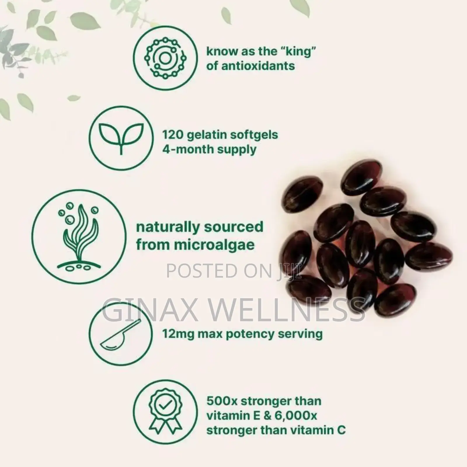 Astaxanthin Capsules (120 Softgels, 12mg, From Microalgae)