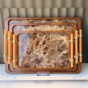 Set of 3 Pieces Marble Texture Design Tray - Wooden Bamboo
