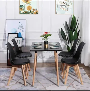 Rectangle Dining Table With Four Plastic Seats With Wooden Legs