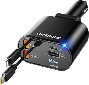 65w Car Charger Dual Retractable Cable - Black