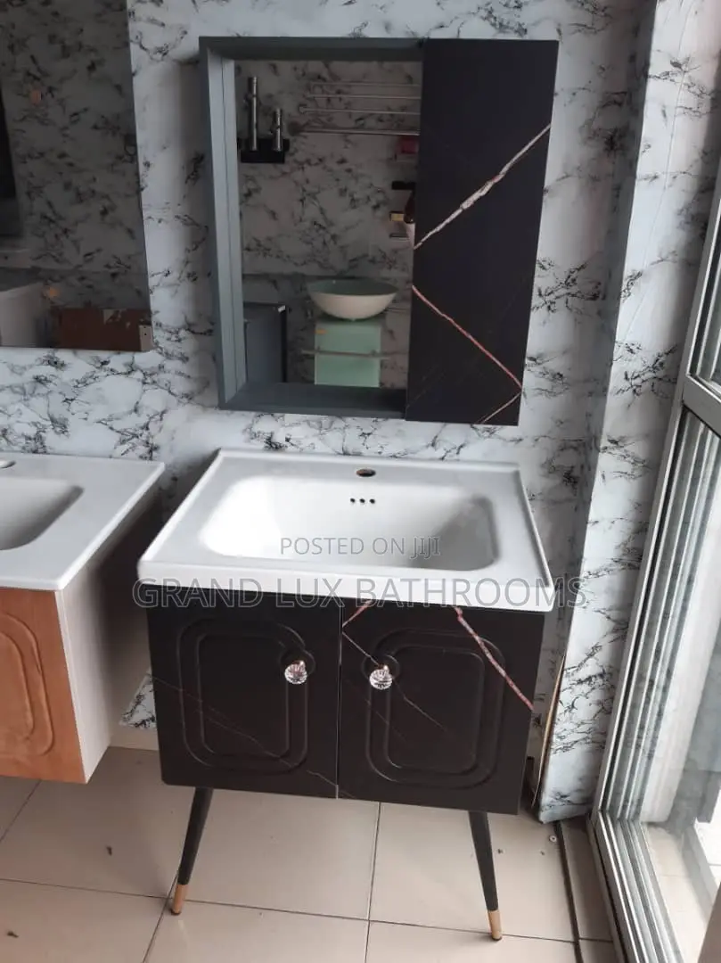 Modern Black Marble-Pattern Bathroom Vanity With Mirror Cabinet