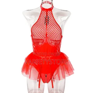 Sexy Patent Leather Mesh Halter Neck Bra Jumpsuit