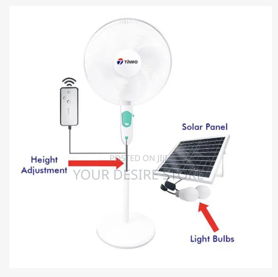 Tinmo 18 Inches Rechargeable Standing Fan + Solar Panel 2 Bulbs