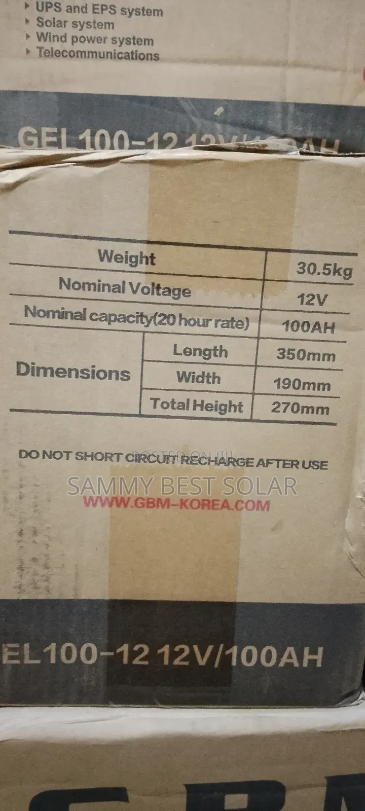 GBM 100ah 12v Deep Cycle Gel Solar Battery