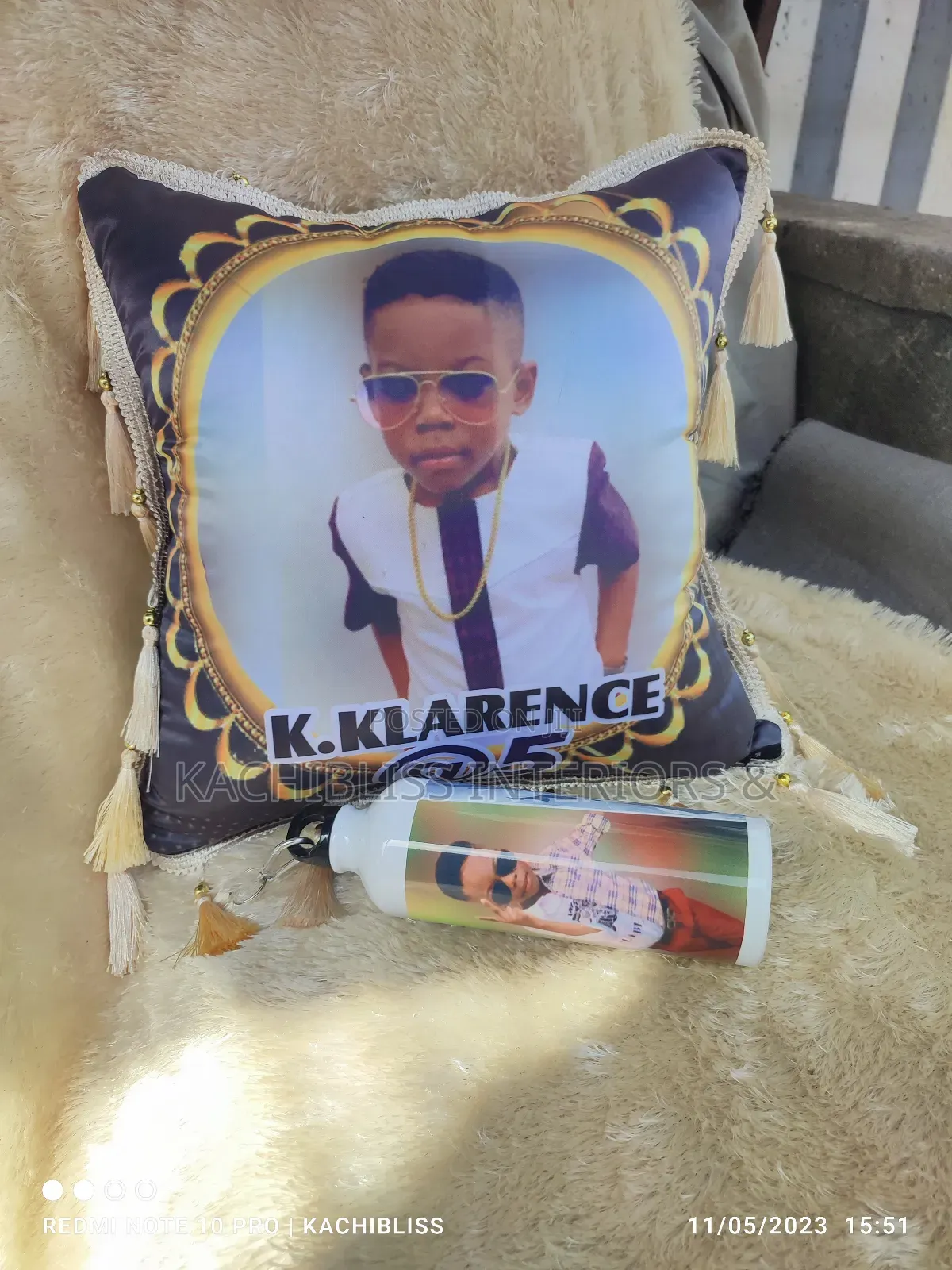 Throw Pillow and Water Bottle